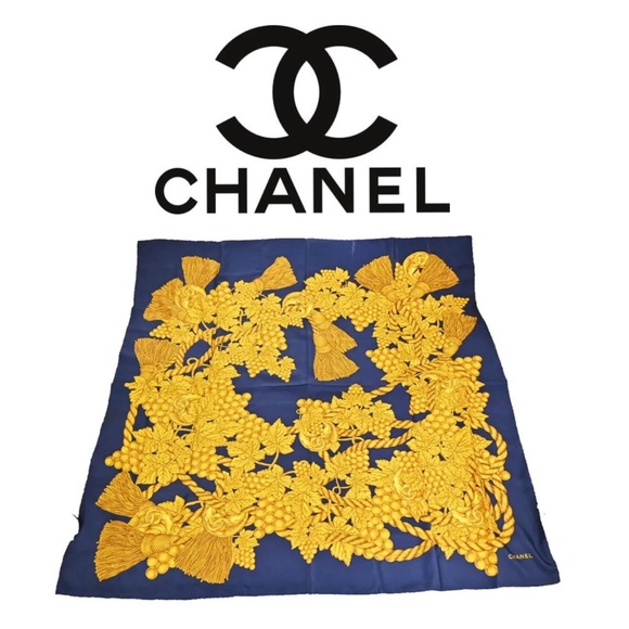 CHANEL Accessories - Chanel CC Logo & Gold Grapevine & Tassels on Royal Navy Blue Twilled Silk Scarf